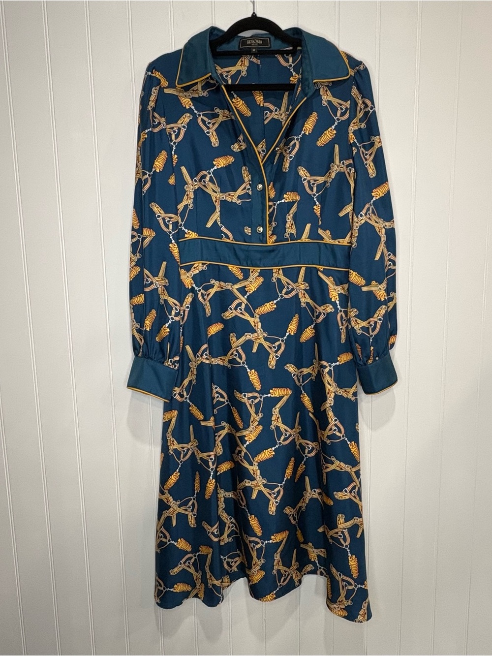Besionia Milano 100%Mulberry Silk Bridle Print Equestrian Midi Dress Old Money M - Picture 2 of 11